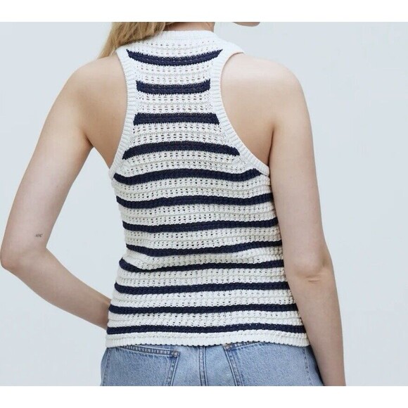 MADEWELL Crochet-Knit Crewneck Sweater Tank Bright Ivory‎ Striped SMALL NWT - Picture 2 of 11